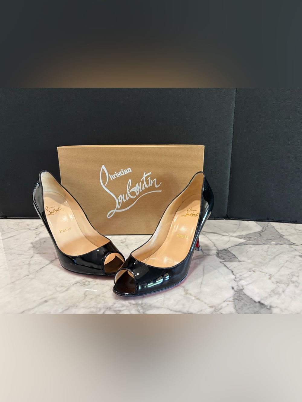 Christian Louboutin Yoyo Black Patent Open-Toe Pumps with Red Soles Size 38